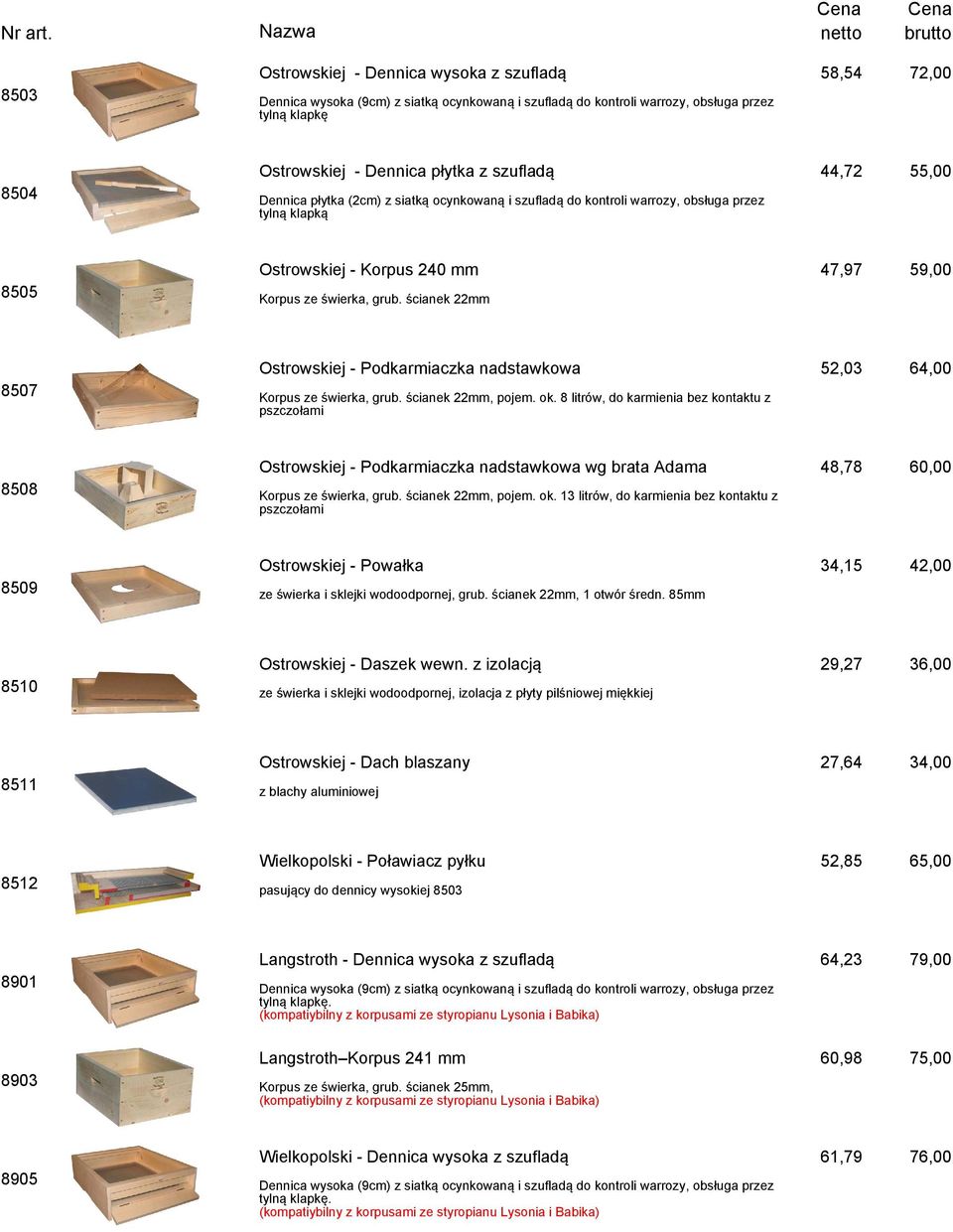 z izolacją 8510 Ostrowskiej - Dach blaszany 8511 Wielkopolski - Poławiacz pyłku 8512 pasujący do dennicy wysokiej 8503 Langstroth - Dennica wysoka z szufladą 8901.