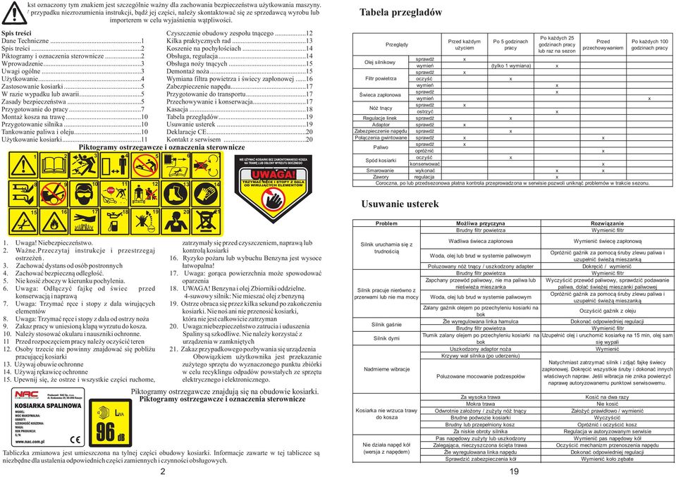 .. Wprowadzenie... Uwagi ogólne... Użytkowanie...4 Zastosowanie kosiarki...5 W razie wypadku lub awarii...5 Zasady bezpieczeństwa...5 Przygotowanie do pracy...7 Montaż kosza na trawę.