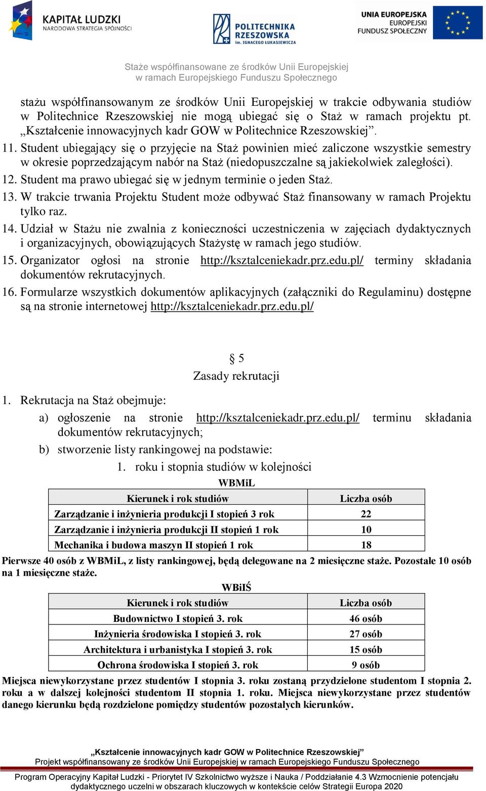 Student ma prawo ubiegać się w jednym terminie o jeden Staż. 13. W trakcie trwania Projektu Student może odbywać Staż finansowany w ramach Projektu tylko raz. 14.