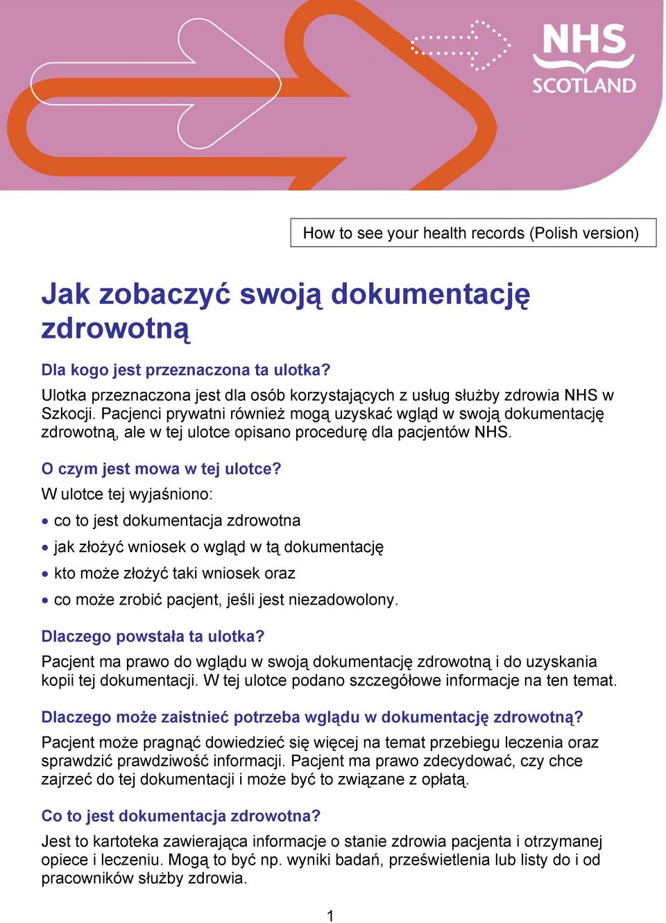 Pacjenci prywatni również mogą uzyskać wgląd w swoją dokumentację zdrowotną, ale w tej ulotce opisano procedurę dla pacjentów NHS. O czym jest mowa w tej ulotce?