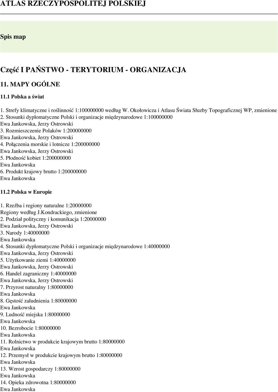 Rozmieszczenie Polaków 1:200000000, Jerzy Ostrowski 4. Połączenia morskie i lotnicze 1:200000000, Jerzy Ostrowski 5. Płodność kobiet 1:200000000 6. Produkt krajowy brutto 1:200000000 11.