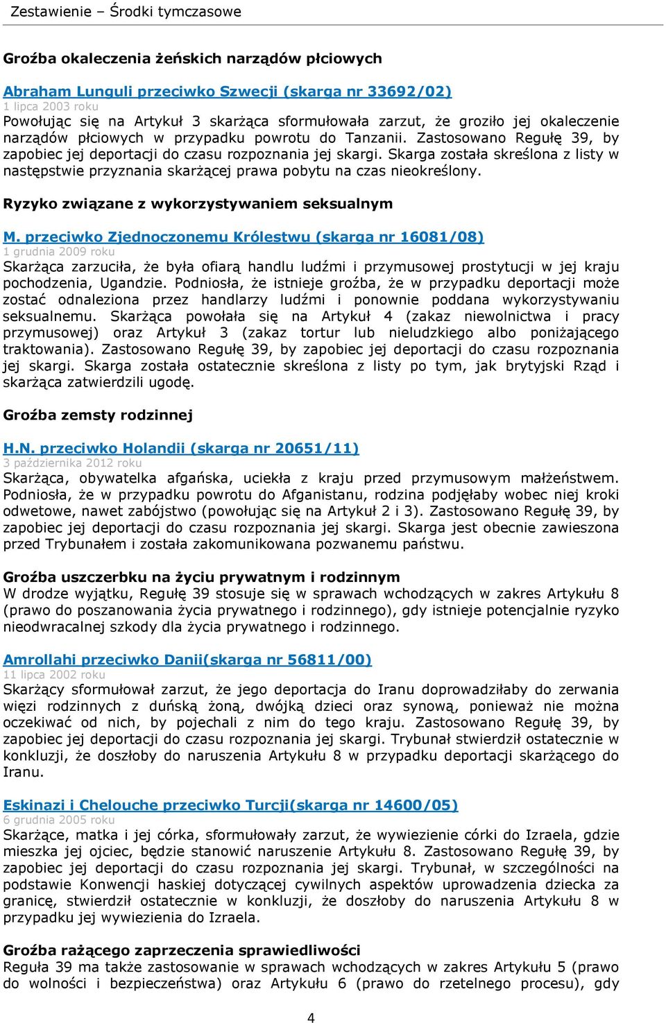 Skarga została skreślona z listy w następstwie przyznania skarżącej prawa pobytu na czas nieokreślony. Ryzyko związane z wykorzystywaniem seksualnym M.