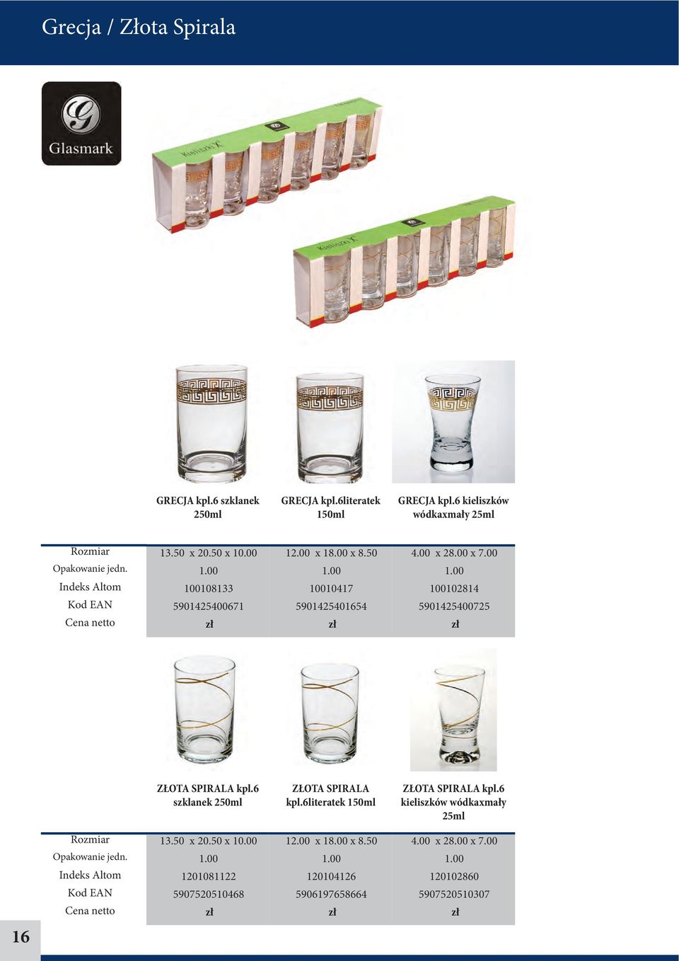 00 100102814 5901425400725 ZŁOTA SPIRALA kpl.6 szklanek 250ml ZŁOTA SPIRALA kpl.6literatek 150ml ZŁOTA SPIRALA kpl.