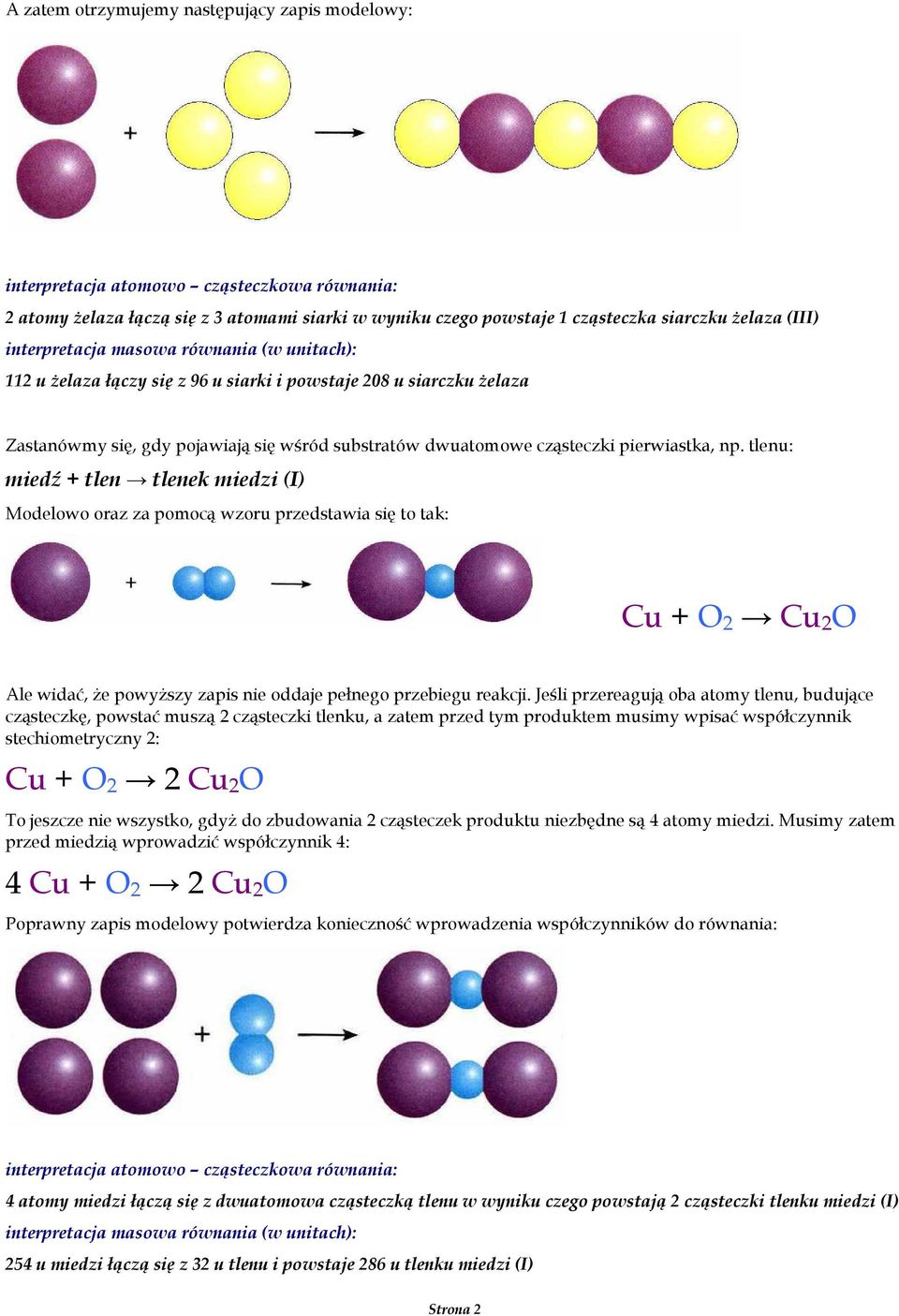 tlenu: miedź + tlen tlenek miedzi (I) Modelowo oraz za pomocą wzoru przedstawia się to tak: Cu + O 2 Cu 2 O Ale widać, Ŝe powyŝszy zapis nie oddaje pełnego przebiegu reakcji.