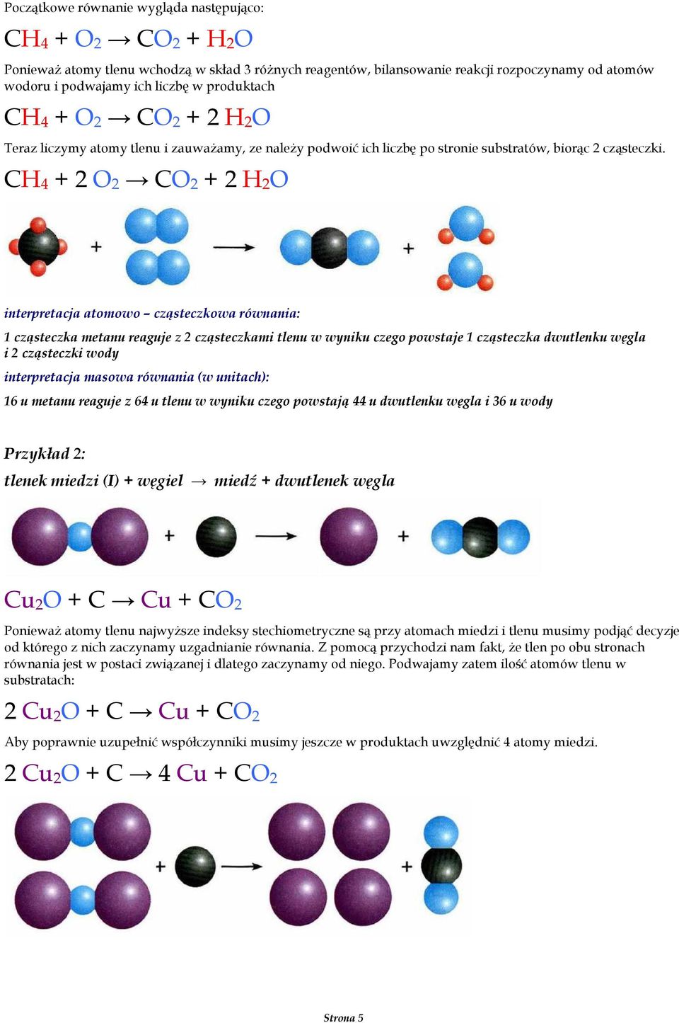 CH 4 + 2 O 2 CO 2 + 2 H 2 O 1 cząsteczka metanu reaguje z 2 cząsteczkami tlenu w wyniku czego powstaje 1 cząsteczka dwutlenku węgla i 2 cząsteczki wody 16 u metanu reaguje z 64 u tlenu w wyniku czego