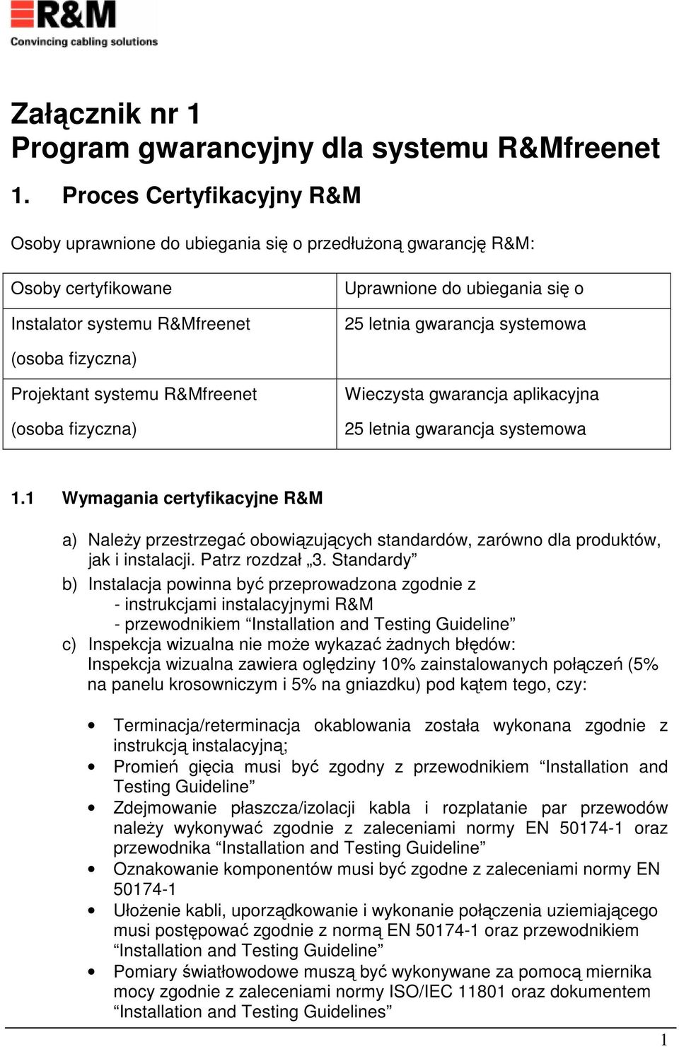 (osoba fizyczna) Projektant systemu R&Mfreenet (osoba fizyczna) Wieczysta gwarancja aplikacyjna 25 letnia gwarancja systemowa 1.