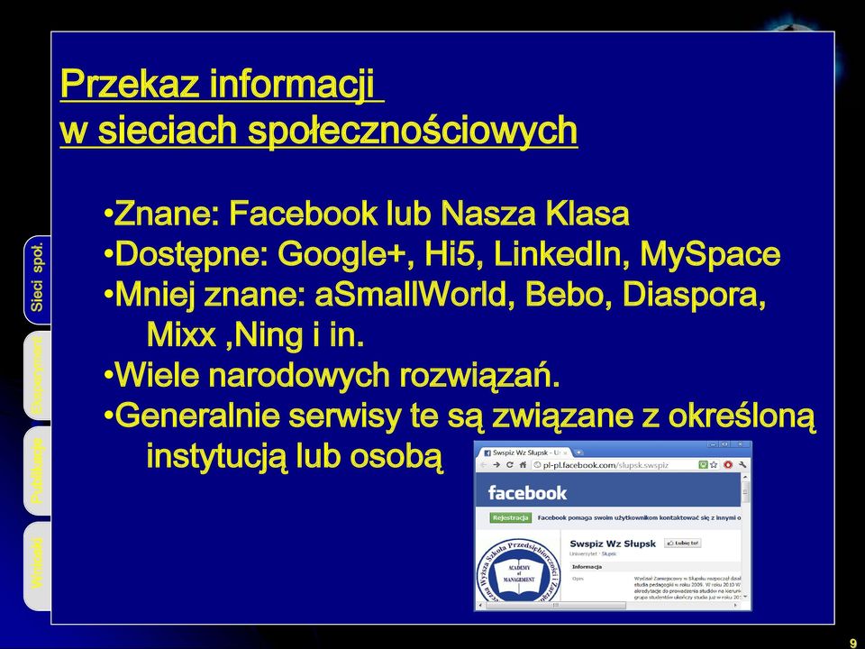 Znane: Facebook lub Nasza Klasa Dostępne: Google+, Hi5, LinkedIn, MySpace Mniej