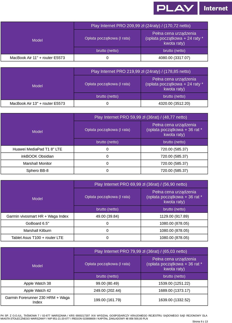 00 (39.84) 1129.00 (917.89) GoBoard 6.5'' 0 1080.00 (878.05) Marshall Kilburn 0 1080.00 (878.05) Tablet Asus T100 + router LTE 0 1080.00 (878.05) Play Internet PRO 79,99 zł (36rat) / (65,03 netto) Apple Watch 38 99.