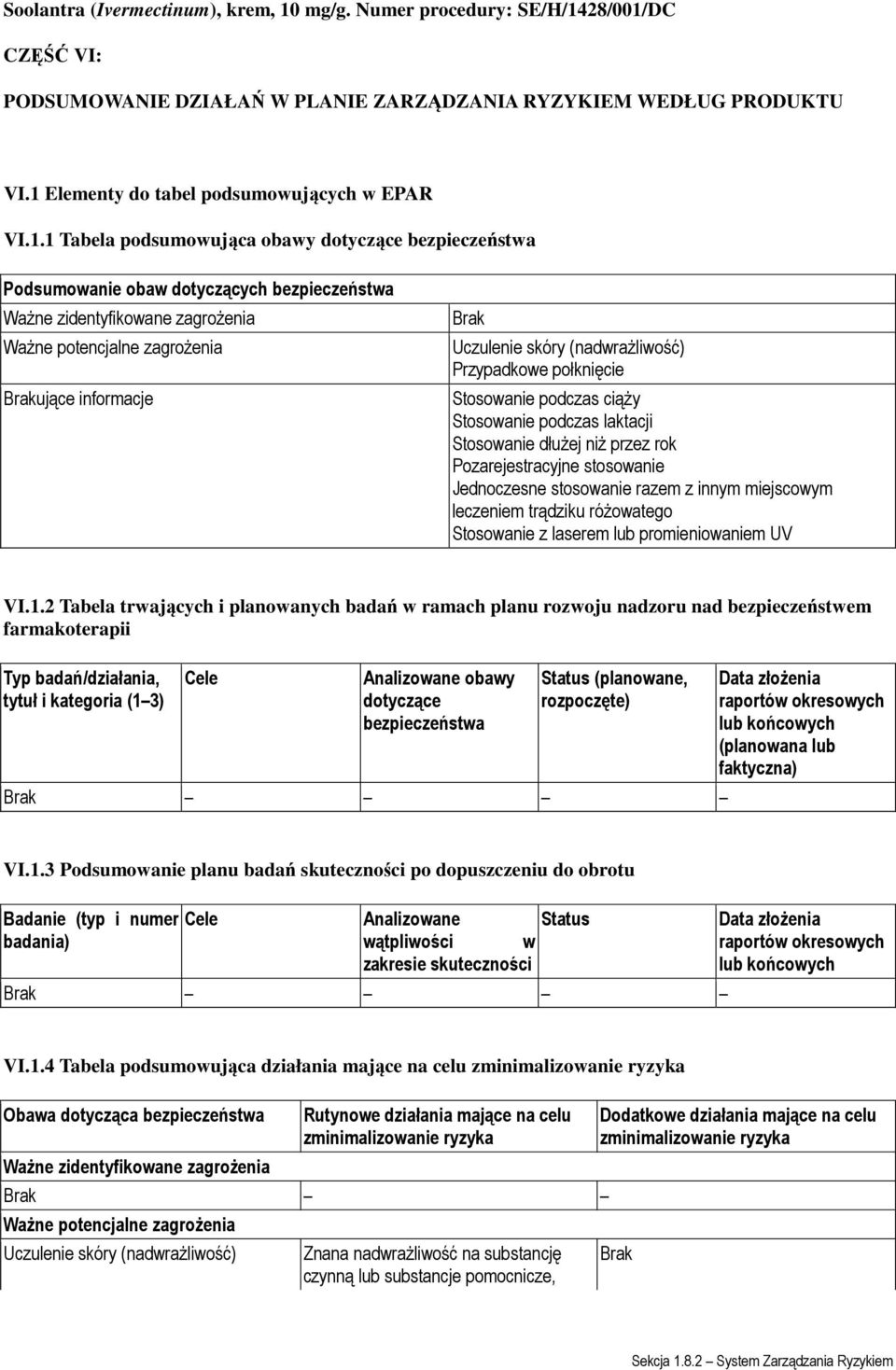 Przypadkowe połknięcie Stosowanie podczas ciąży Stosowanie podczas laktacji Pozarejestracyjne stosowanie Jednoczesne stosowanie razem z innym miejscowym leczeniem trądziku różowatego Stosowanie z