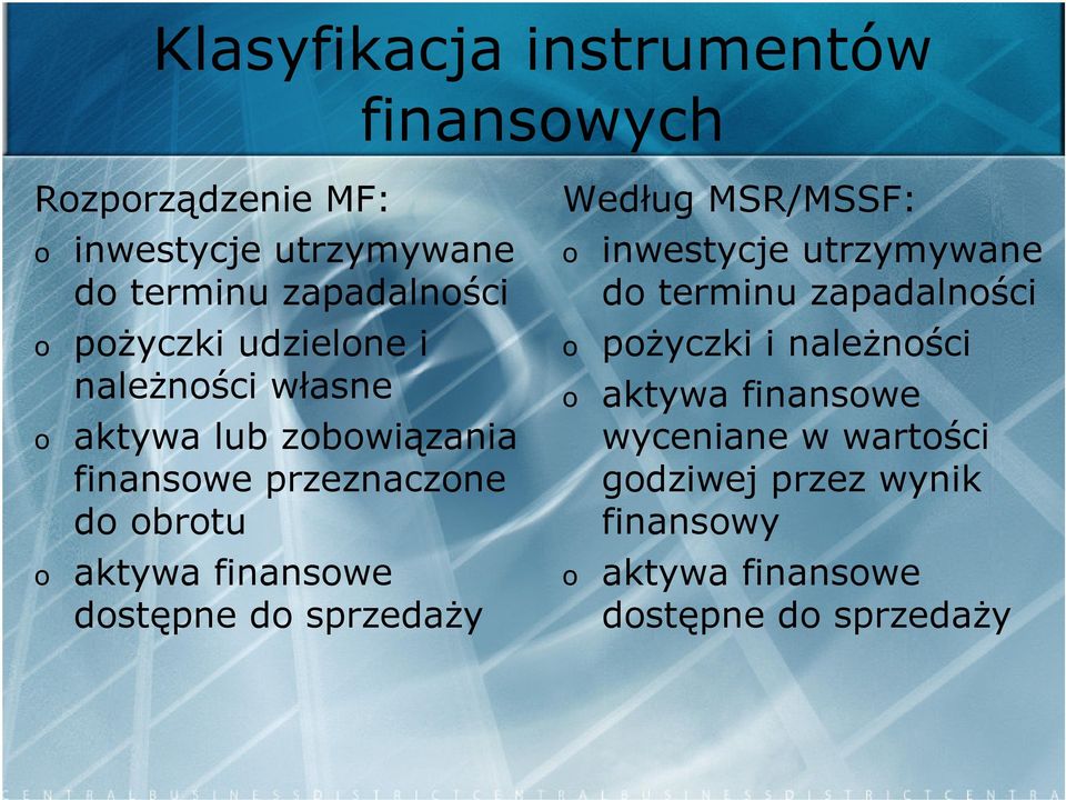 finansowe dostępne do sprzedaży Według MSR/MSSF: o inwestycje utrzymywane do terminu zapadalności o pożyczki i