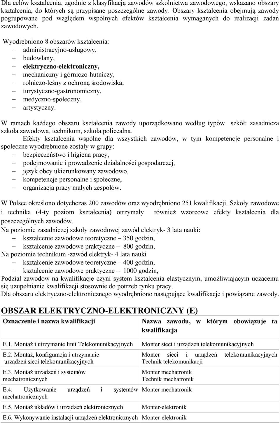 Wyodrębniono 8 obszarów kształcenia: administracyjno-usługowy, budowlany, elektryczno-elektroniczny, mechaniczny i górniczo-hutniczy, rolniczo-leśny z ochroną środowiska, turystyczno-gastronomiczny,