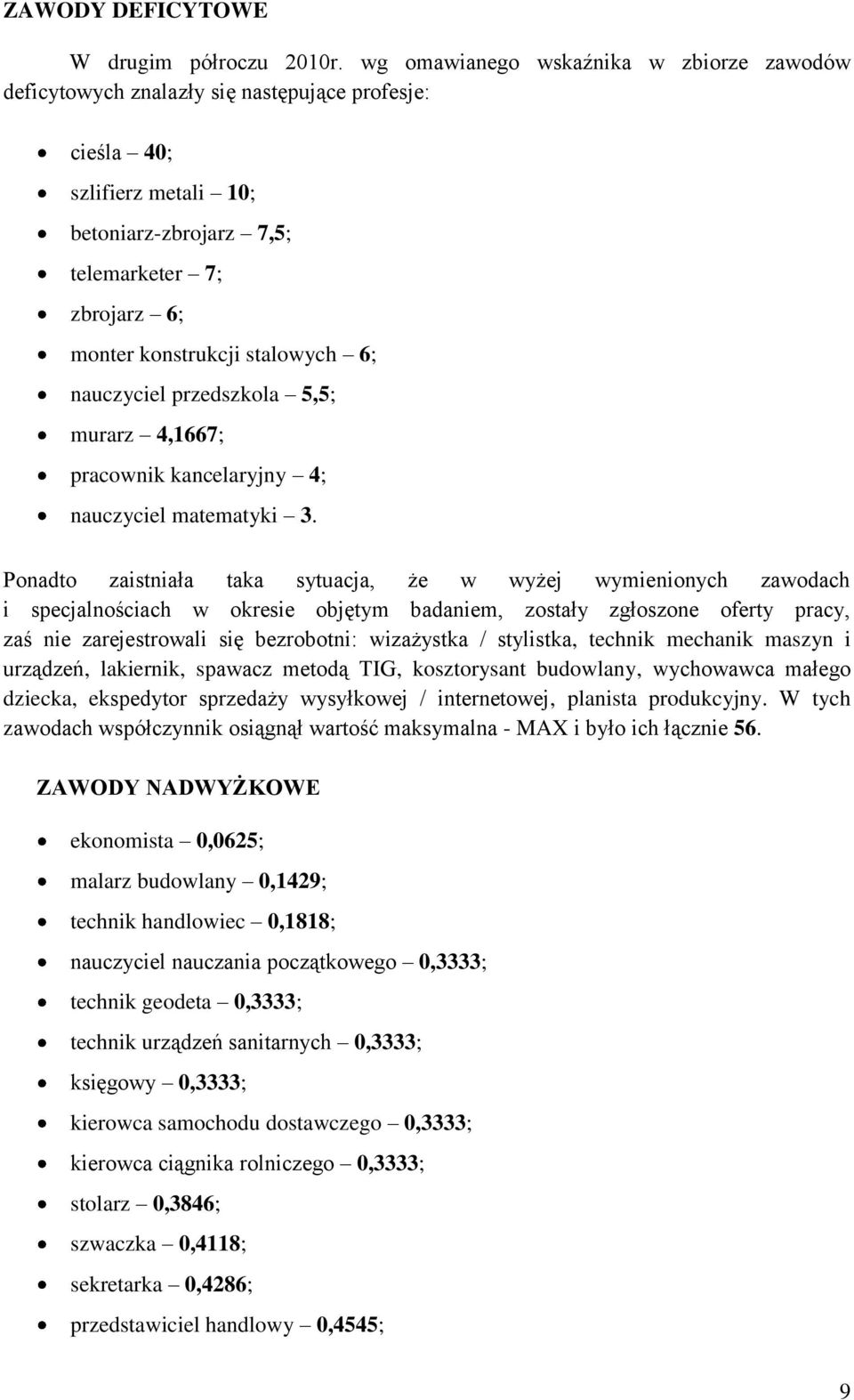 6; nauczyciel przedszola 5,5; murarz 4,1667; pracowni ancelaryjny 4; nauczyciel matematyi 3.