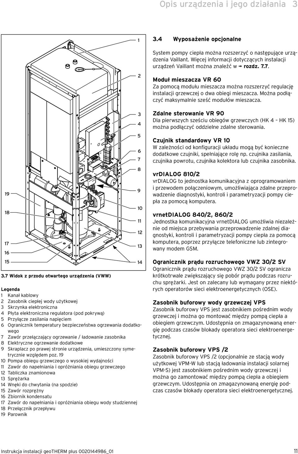 7 Widok z przodu otwartego urządzenia (VWW) Legenda 1 Kanał kablowy 2 Zasobnik ciepłej wody użytkowej 3 Skrzynka elektroniczna 4 Płyta elektroniczna regulatora (pod pokrywą) 5 Przyłącze zasilania