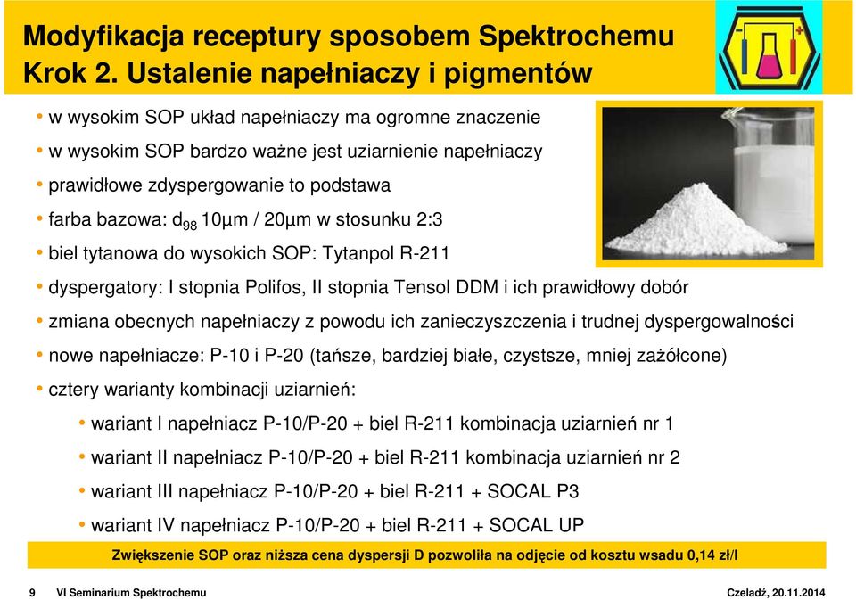 10µm / 20µm w stosunku 2:3 biel tytanowa do wysokich SOP: Tytanpol R-211 dyspergatory: I stopnia Polifos, II stopnia Tensol DDM i ich prawidłowy dobór zmiana obecnych napełniaczy z powodu ich