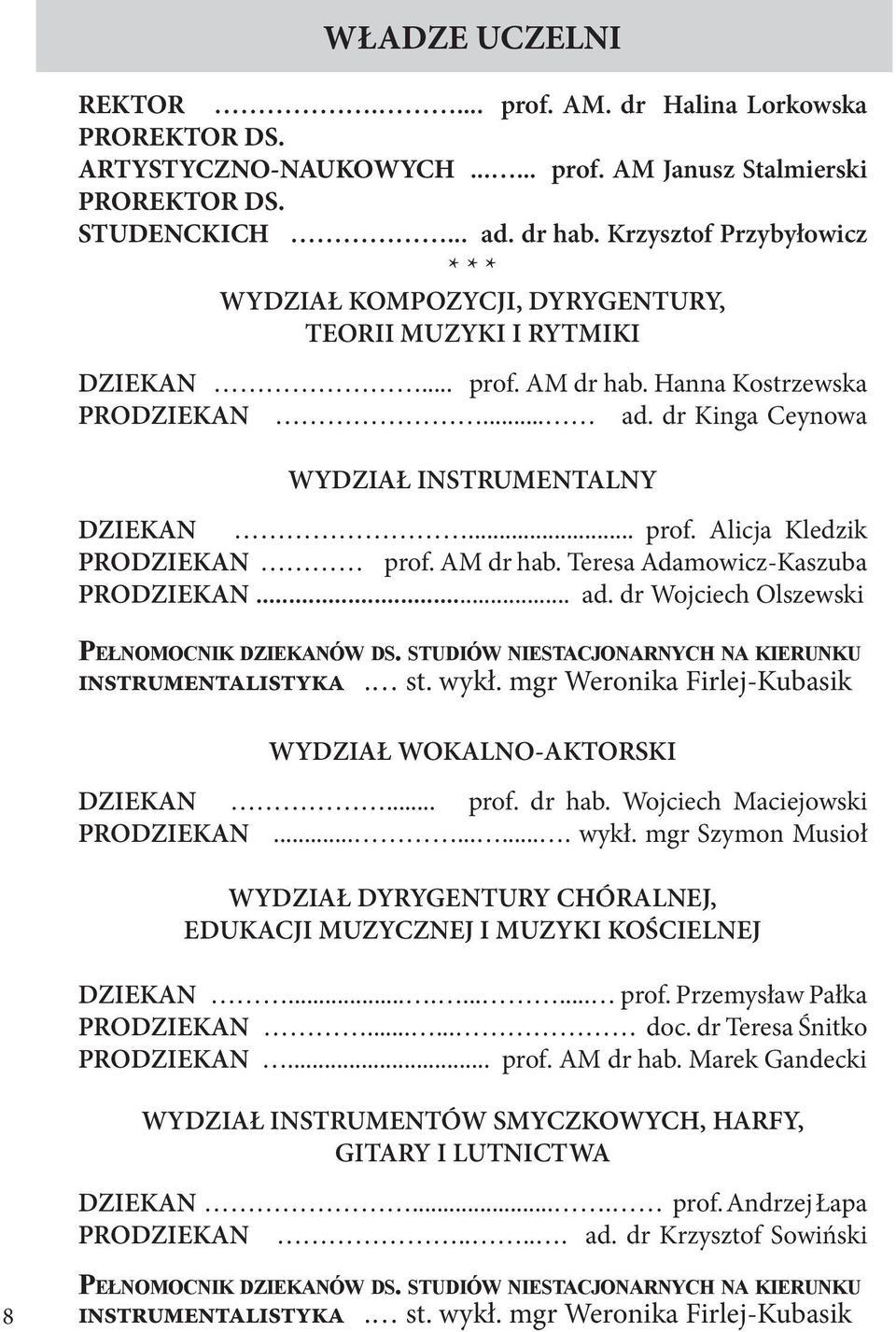 .. prof. Alicja Kledzik PRODZIEKAN prof. AM dr hab. Teresa Adamowicz-Kaszuba PRODZIEKAN... ad. dr Wojciech Olszewski Pełnomocnik dziekanów ds. studiów niestacjonarnych na kierunku instrumentalistyka.