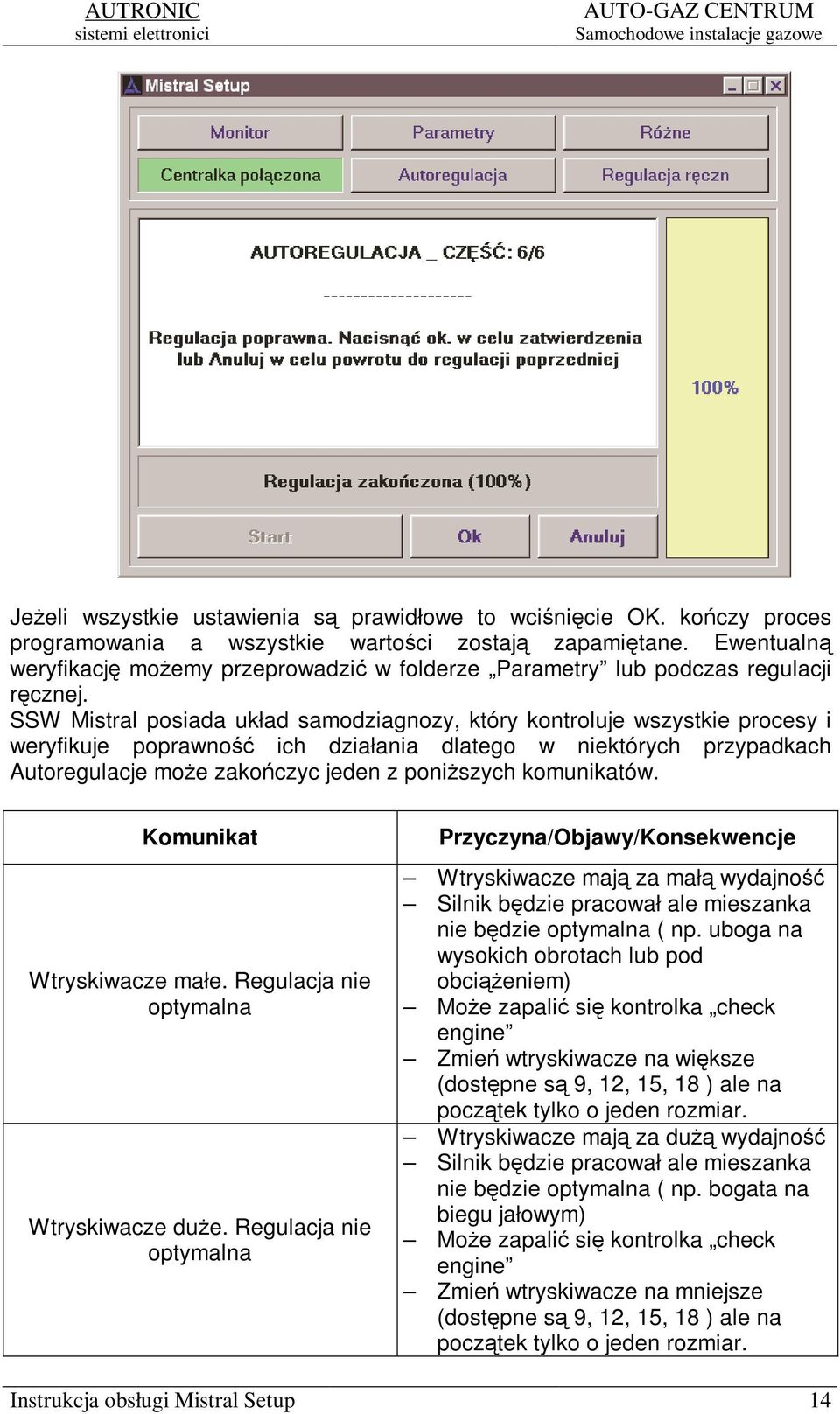 SSW Mistral posiada układ samodziagnozy, który kontroluje wszystkie procesy i weryfikuje poprawno ich działania dlatego w niektórych przypadkach Autoregulacje moe zakoczyc jeden z poniszych