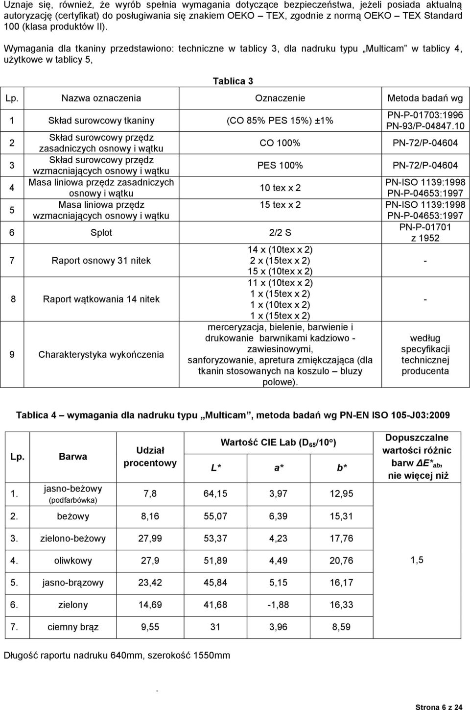 Wymagania dla tkaniny przedstawiono: techniczne w tablicy 3, dla nadruku typu Multicam w tablicy 4, użytkowe w tablicy 5, Tablica 3 Nazwa oznaczenia Oznaczenie Metoda badań wg Skład surowcowy tkaniny