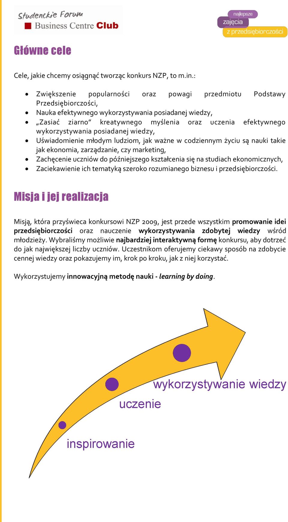 wykorzystywania posiadanej wiedzy, Uświadomienie młodym ludziom, jak ważne w codziennym życiu są nauki takie jak ekonomia, zarządzanie, czy marketing, Zachęcenie uczniów do późniejszego kształcenia