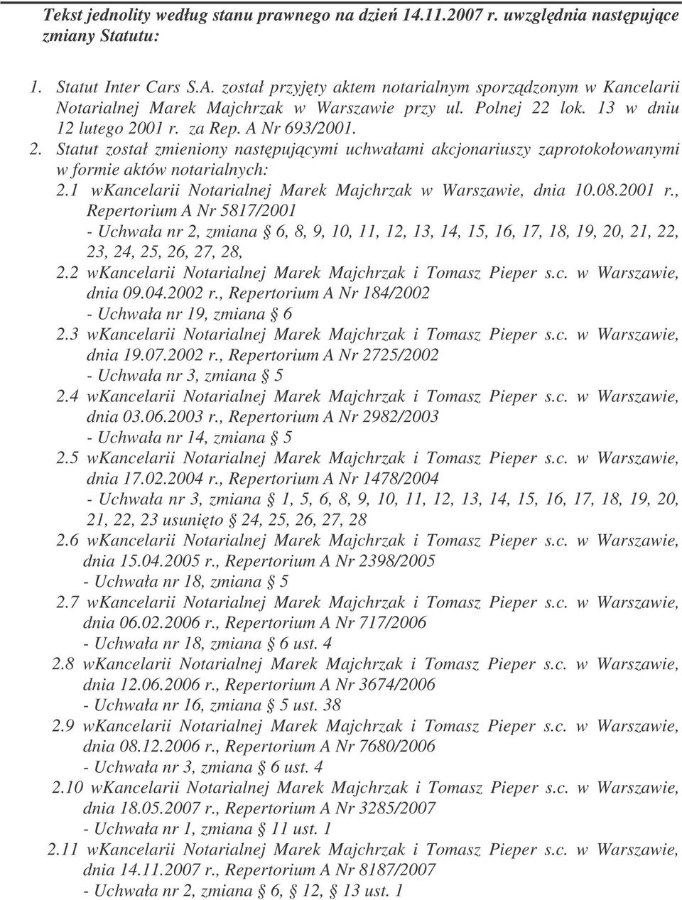 lok. 13 w dniu 12 lutego 2001 r. za Rep. A Nr 693/2001. 2. Statut został zmieniony nastpujcymi uchwałami akcjonariuszy zaprotokołowanymi w formie aktów notarialnych: 2.