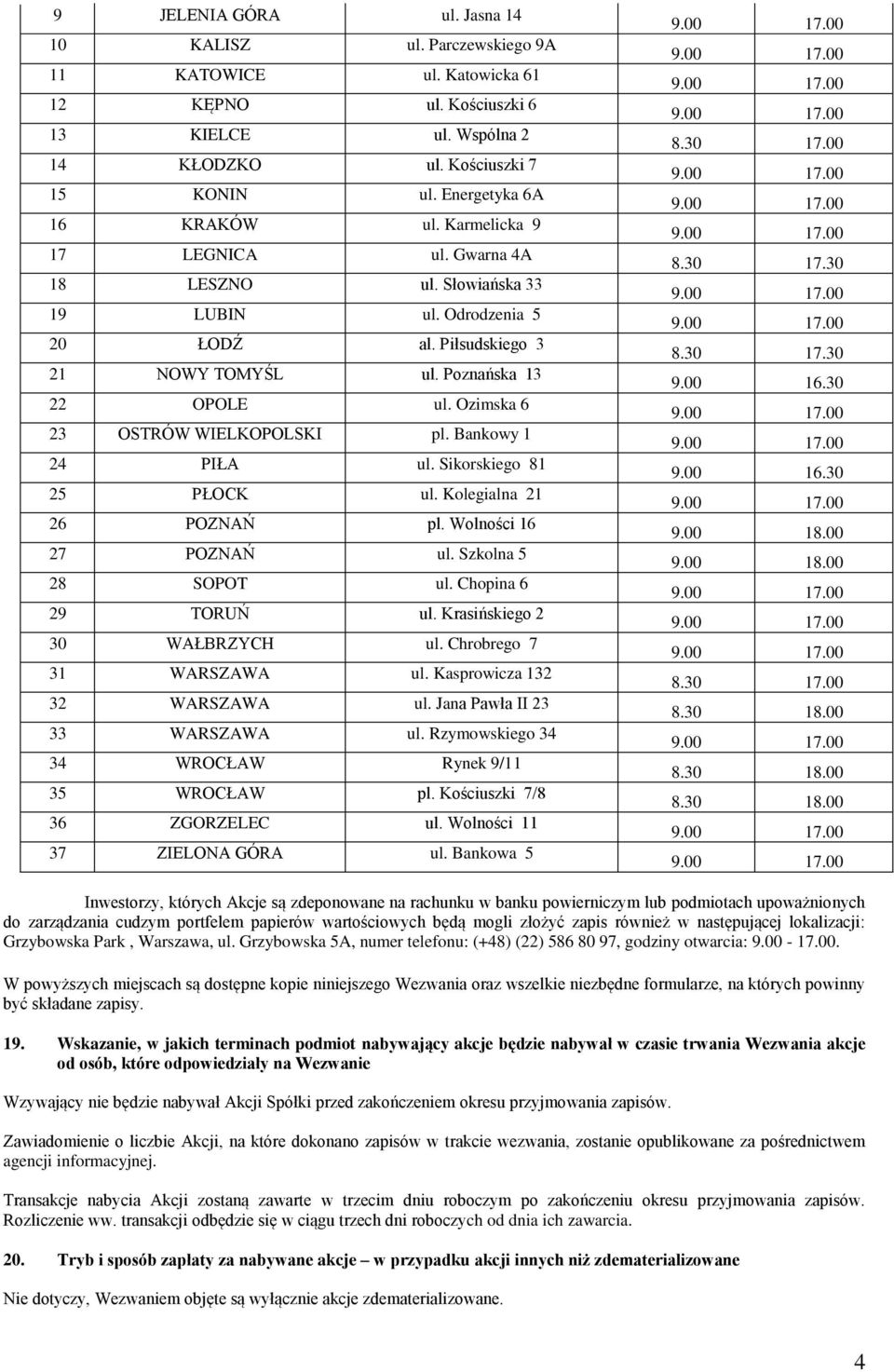 Ozimska 6 23 OSTRÓW WIELKOPOLSKI pl. Bankowy 1 24 PIŁA ul. Sikorskiego 81 25 PŁOCK ul. Kolegialna 21 26 POZNAŃ pl. Wolności 16 27 POZNAŃ ul. Szkolna 5 28 SOPOT ul. Chopina 6 29 TORUŃ ul.