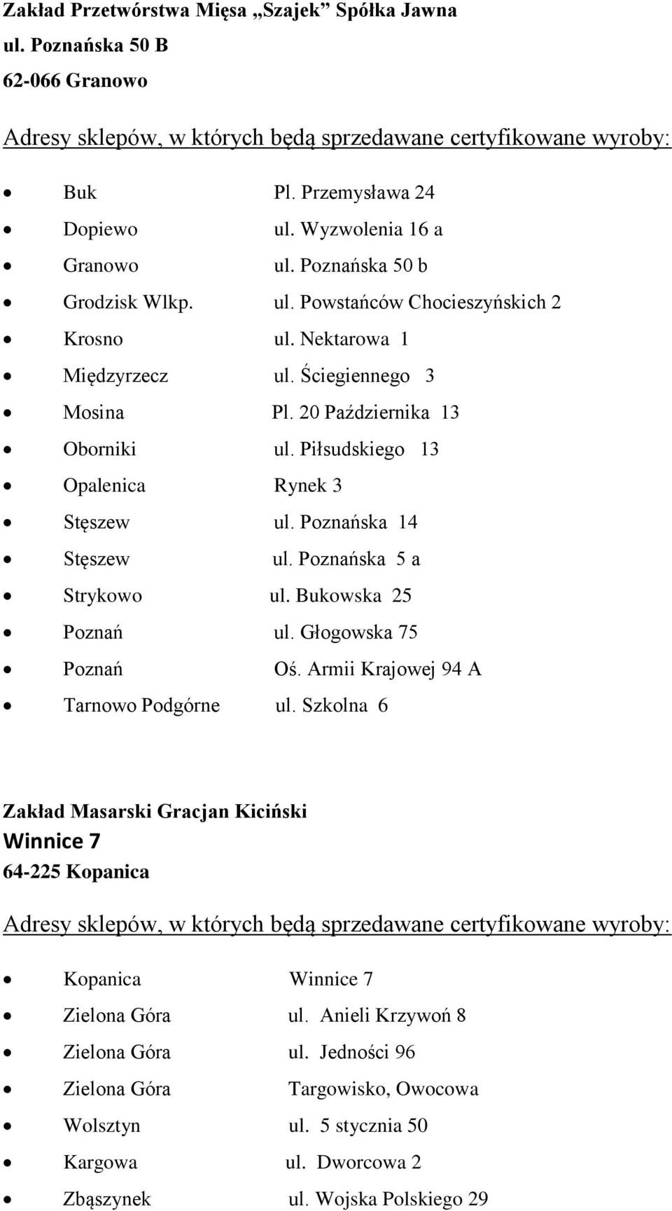 Bukowska 25 Poznań ul. Głogowska 75 Poznań Oś. Armii Krajowej 94 A Tarnowo Podgórne ul.
