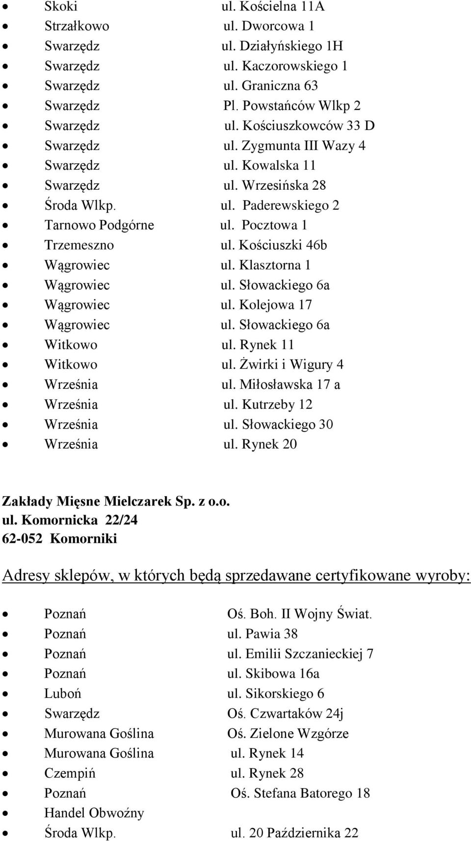 Kościuszki 46b Wągrowiec ul. Klasztorna 1 Wągrowiec ul. Słowackiego 6a Wągrowiec ul. Kolejowa 17 Wągrowiec ul. Słowackiego 6a Witkowo ul. Rynek 11 Witkowo ul. Żwirki i Wigury 4 Września ul.