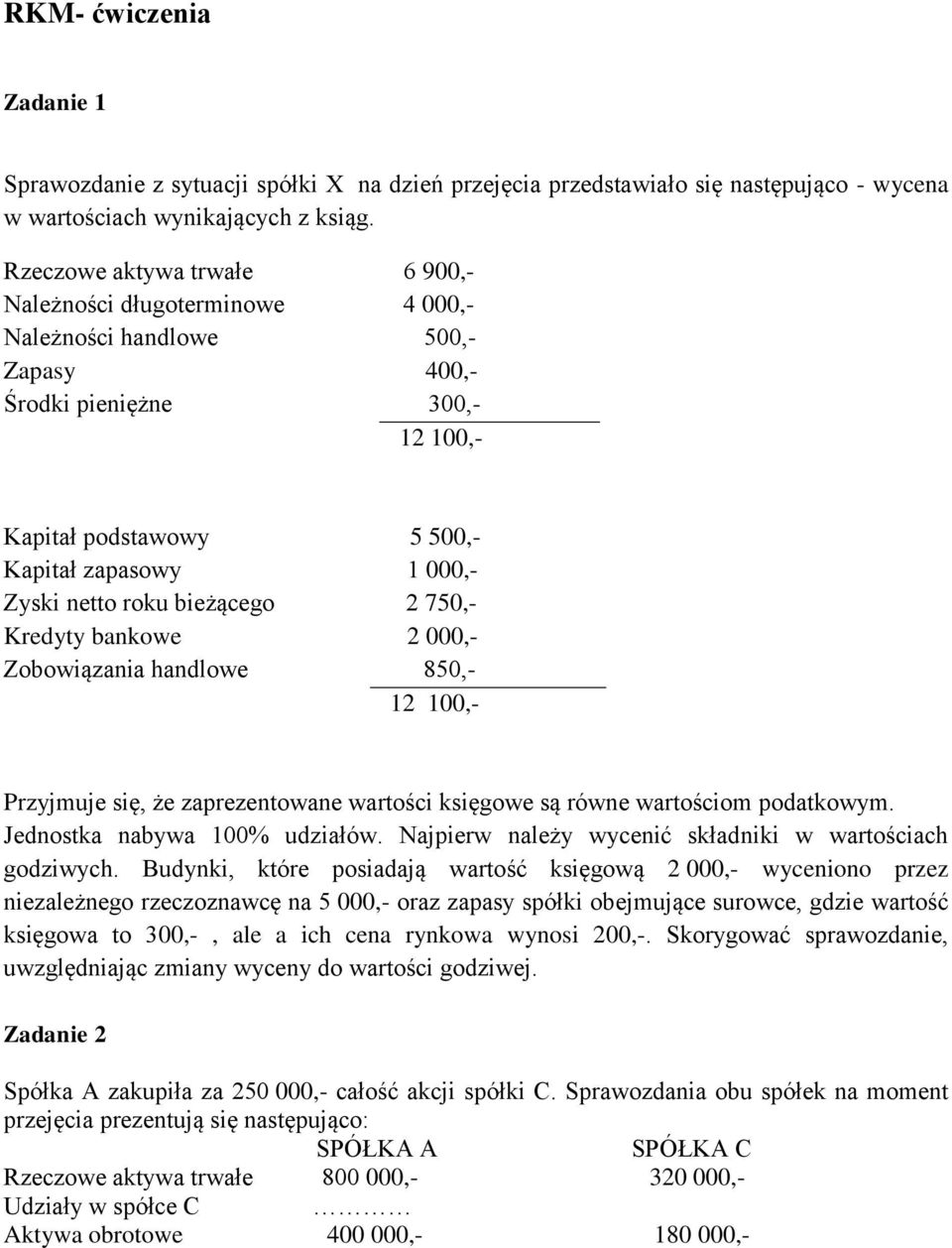 2 750, Kredyty bankowe 2, Zobowiązania handlowe 850, 12 100, Przyjmuje się, że zaprezentowane wartości księgowe są równe wartościom podatkowym. Jednostka nabywa 100% udziałów.