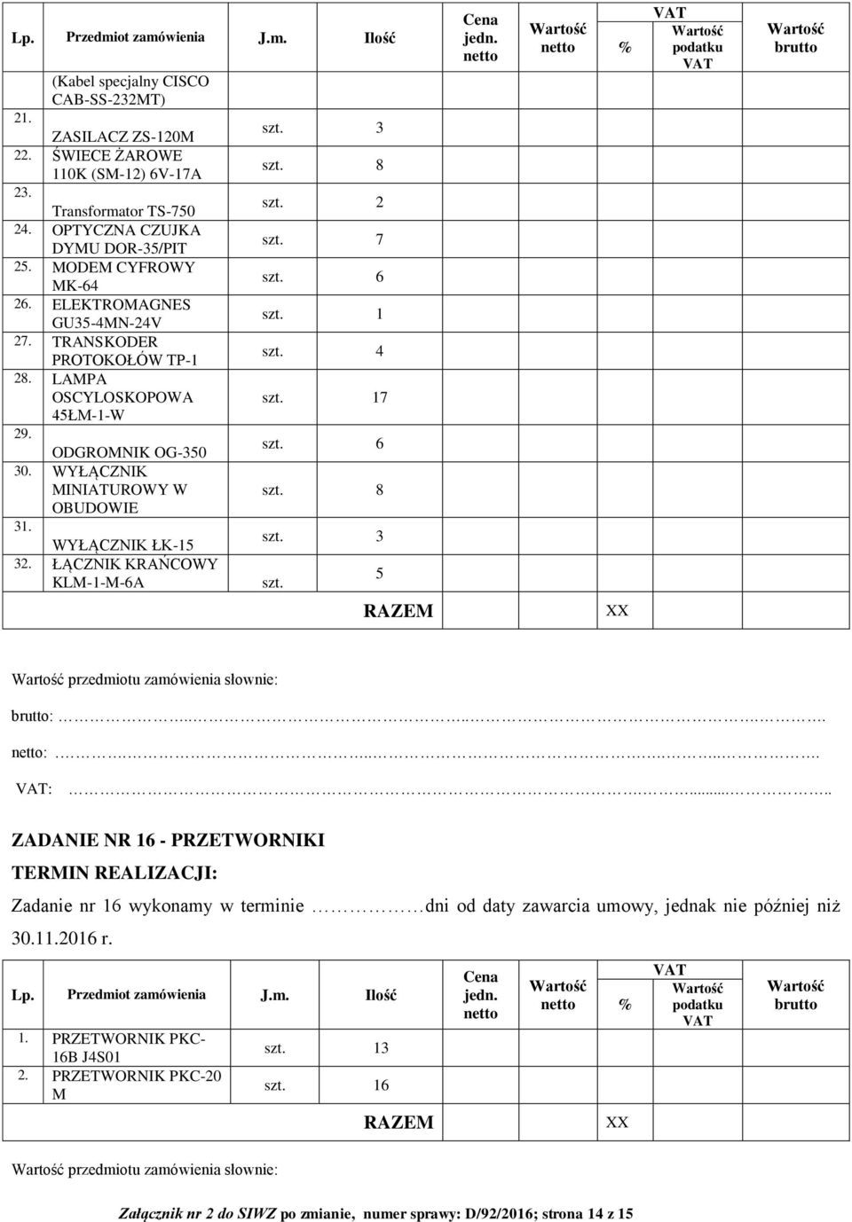 ŁĄCZNIK KRAŃCOWY KLM-1-M-6A 3 8 2 7 6 1 4 17 6 8 3 5 przedmiotu zamówienia słownie: :.