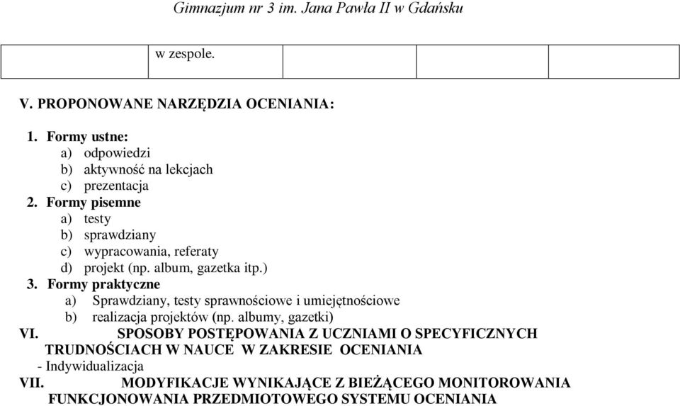 Formy praktyczne a) Sprawdziany, testy sprawnościowe i umiejętnościowe b) realizacja projektów (np. albumy, gazetki) VI.