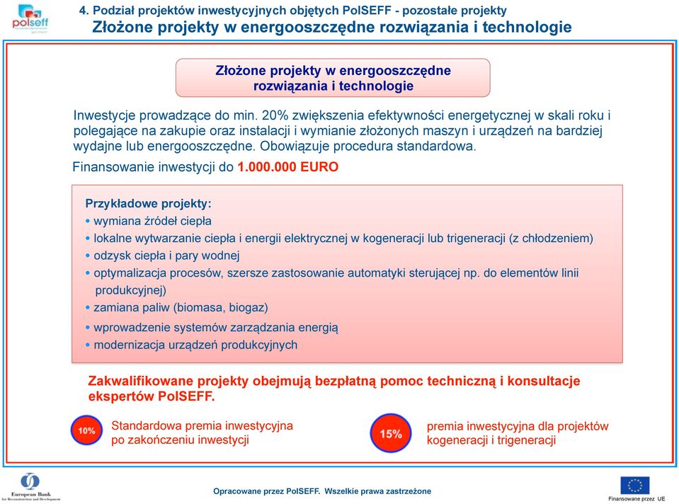 20% zwiększenia efektywności energetycznej w skali roku i polegające na zakupie oraz instalacji i wymianie złożonych maszyn i urządzeń na bardziej wydajne lub energooszczędne.