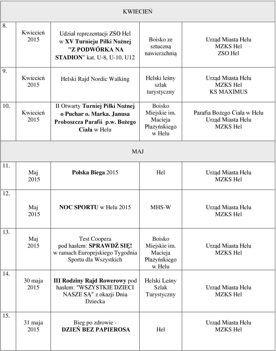 12. Maj Maj MAJ Polska Biega Hel NOC SPORTU 13. 14. Maj 30 maja Test Coopera pod hasłem: SPRAWDŹ SIĘ!
