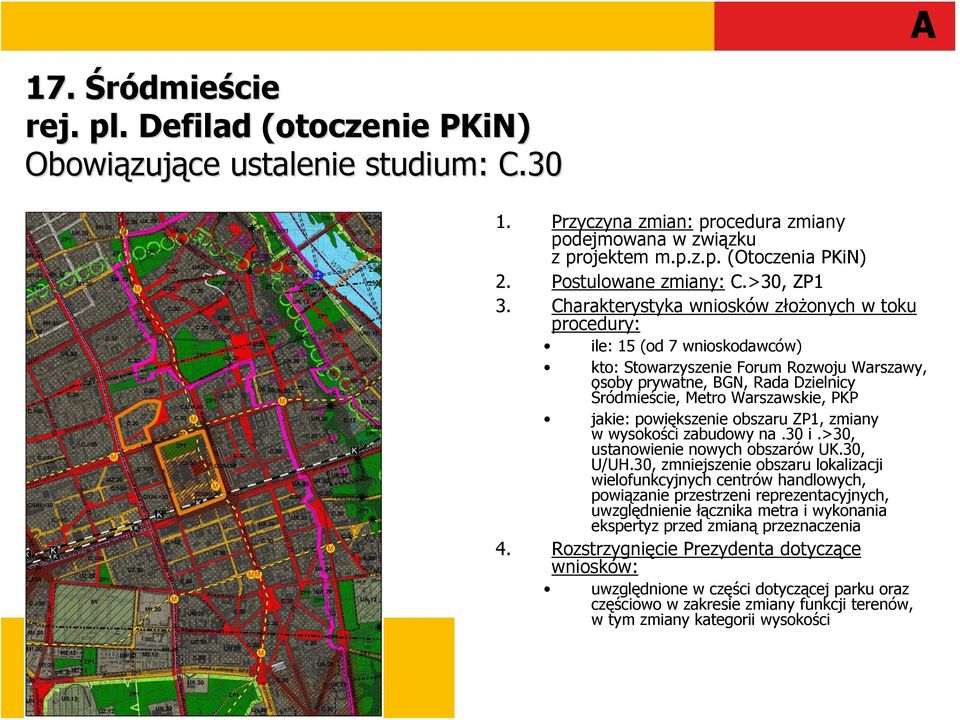 Charakterystyka wniosków złożonych w toku procedury: ile: 15 (od 7 wnioskodawców) kto: Stowarzyszenie Forum Rozwoju Warszawy, osoby prywatne, BGN, Rada Dzielnicy Śródmieście, Metro Warszawskie, PKP