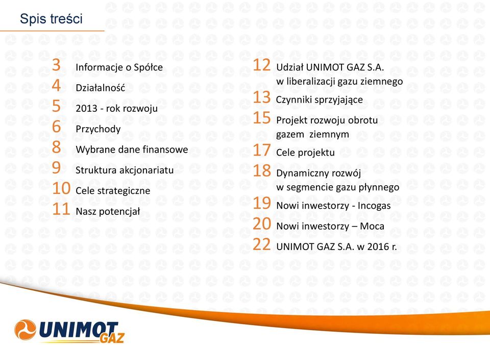 S.A. w liberalizacji gazu ziemnego 13 Czynniki sprzyjające 15 Projekt rozwoju obrotu gazem ziemnym 17 Cele