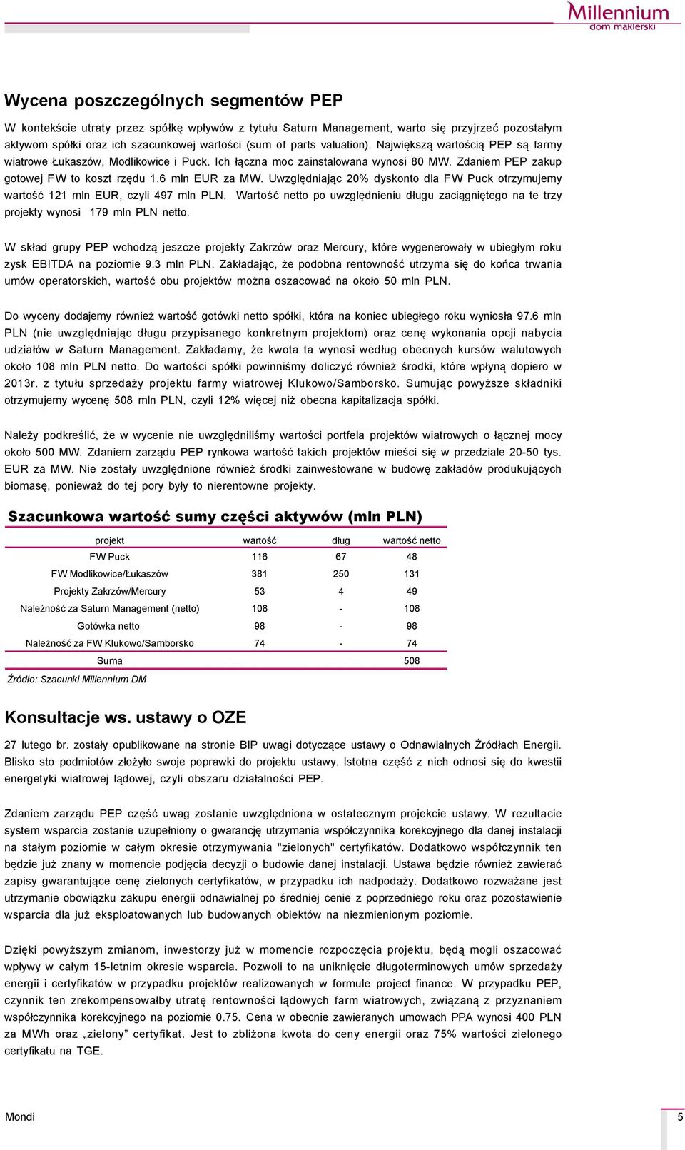 Uwzględniając 20% dyskonto dla FW Puck otrzymujemy wartość 121 mln EUR, czyli 497 mln PLN. Wartość netto po uwzględnieniu długu zaciągniętego na te trzy projekty wynosi 179 mln PLN netto.