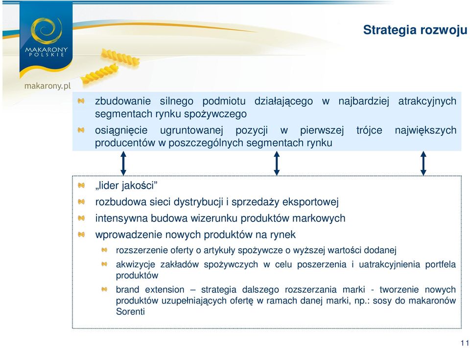 wprowadzenie nowych produktów na rynek rozszerzenie oferty o artyku y spo ywcze o wy szej warto ci dodanej akwizycje zak adów spo ywczych w celu poszerzenia i