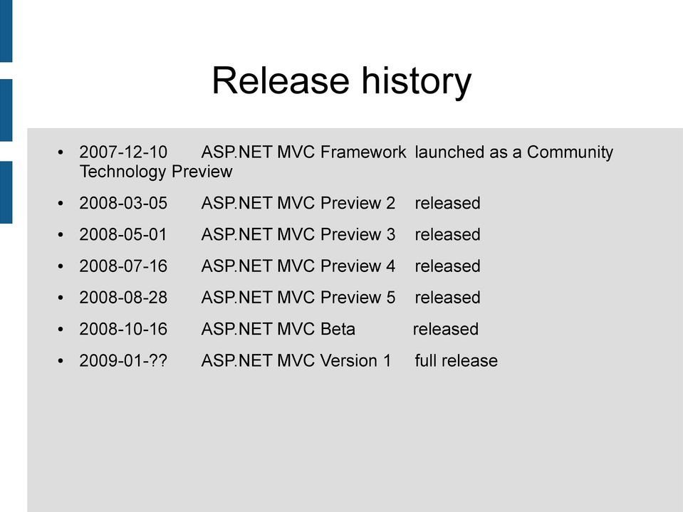 NET MVC Preview 2 released 2008-05-01 ASP.NET MVC Preview 3 released 2008-07-16 ASP.