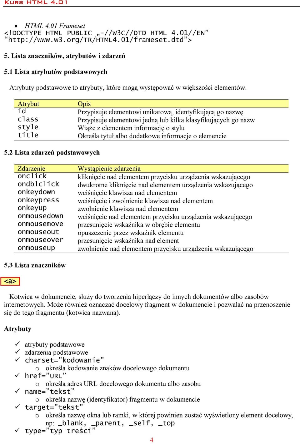 Atrybut id class style title Opis Przypisuje elementowi unikatową, identyfikującą go nazwę Przypisuje elementowi jedną lub kilka klasyfikujących go nazw Wiąże z elementem informację o stylu Określa