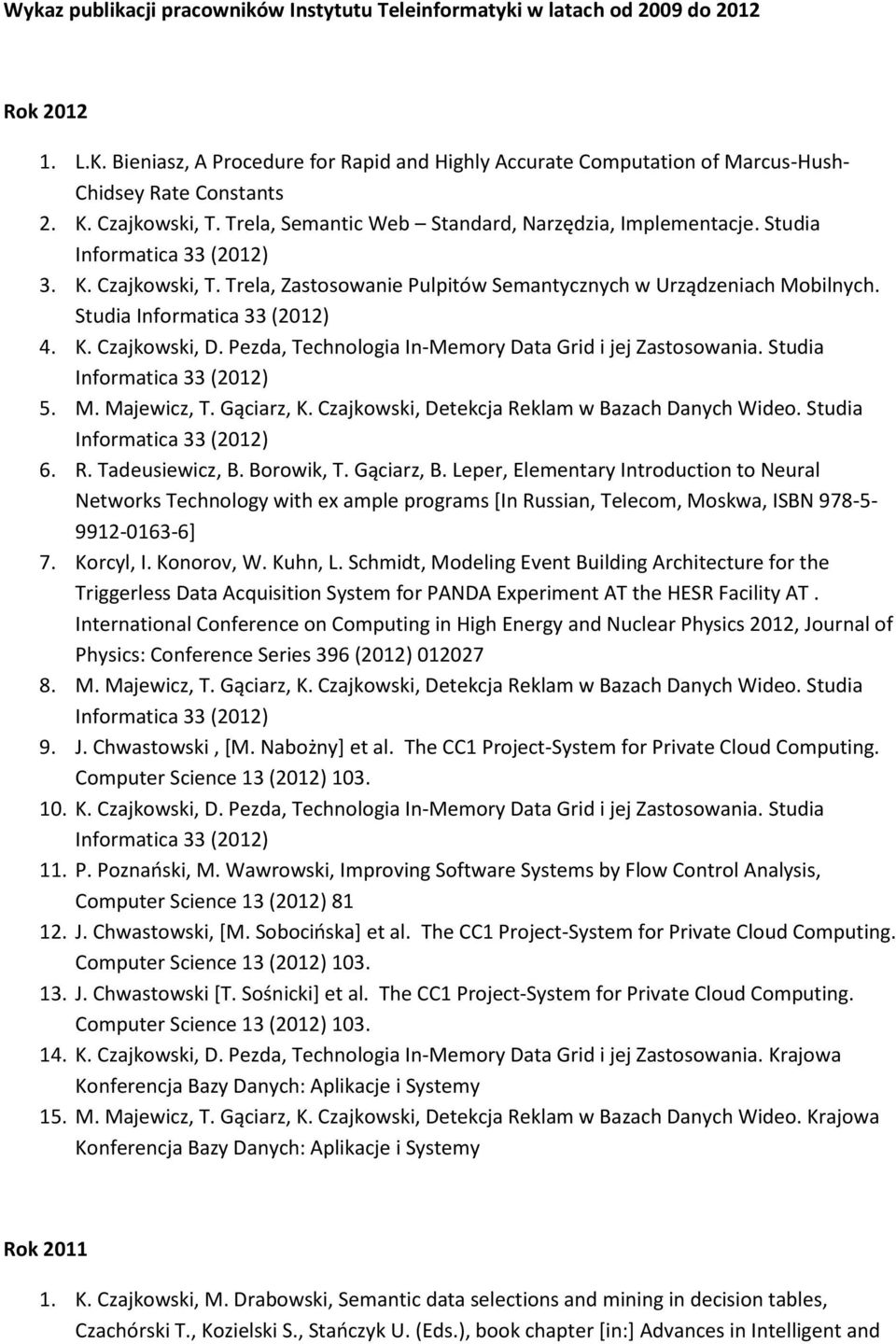 Studia 4. K. Czajkowski, D. Pezda, Technologia In-Memory Data Grid i jej Zastosowania. Studia 5. M. Majewicz, T. Gąciarz, K. Czajkowski, Detekcja Reklam w Bazach Danych Wideo. Studia 6. R. Tadeusiewicz, B.