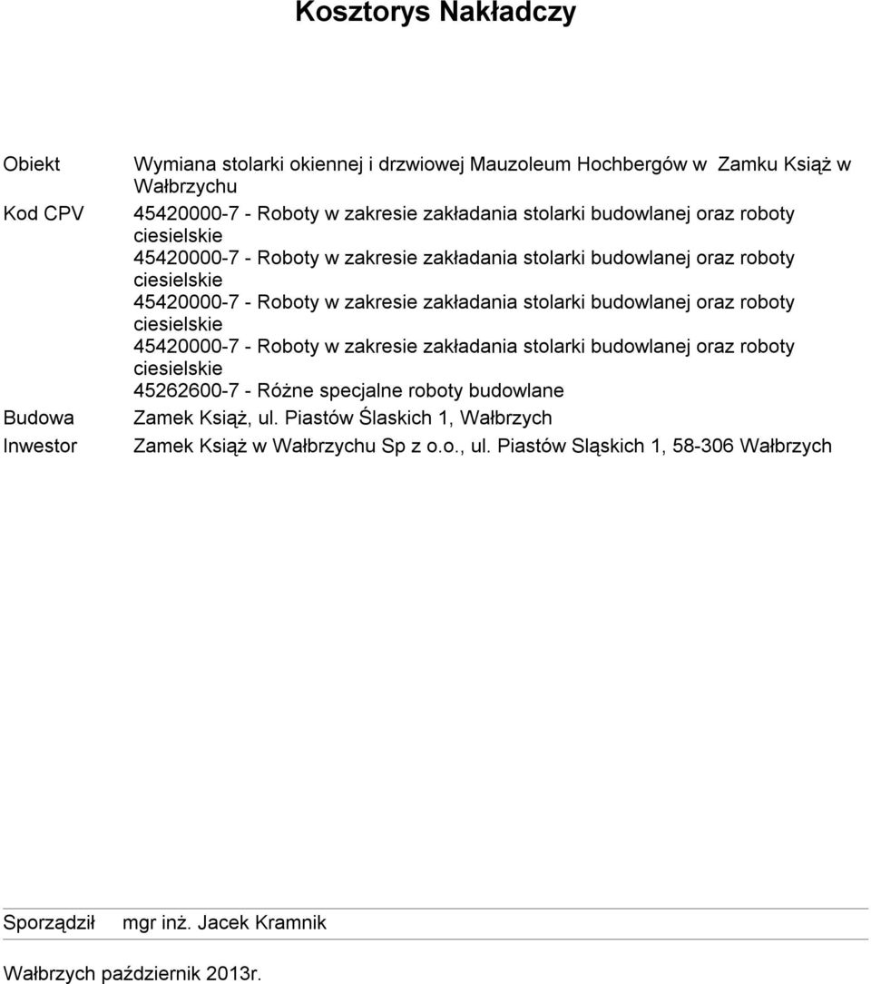 budowlane Zamek Książ, ul. Piastów Ślaskich 1, Wałbrzych Zamek Książ w Wałbrzychu Sp z o.o., ul. Piastów Sląskich 1, 58-306 Wałbrzych Sporządził mgr inż.