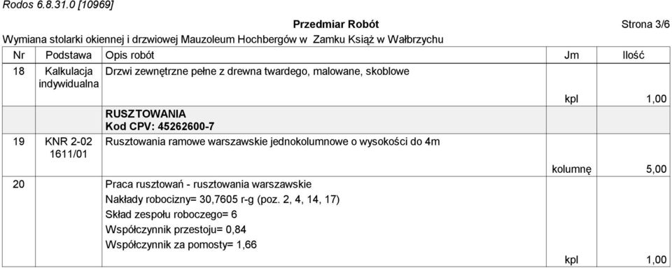 jednokolumnowe o wysokości do 4m 20 Praca rusztowań - rusztowania warszawskie Nakłady robocizny= 30,7605 r-g (poz.