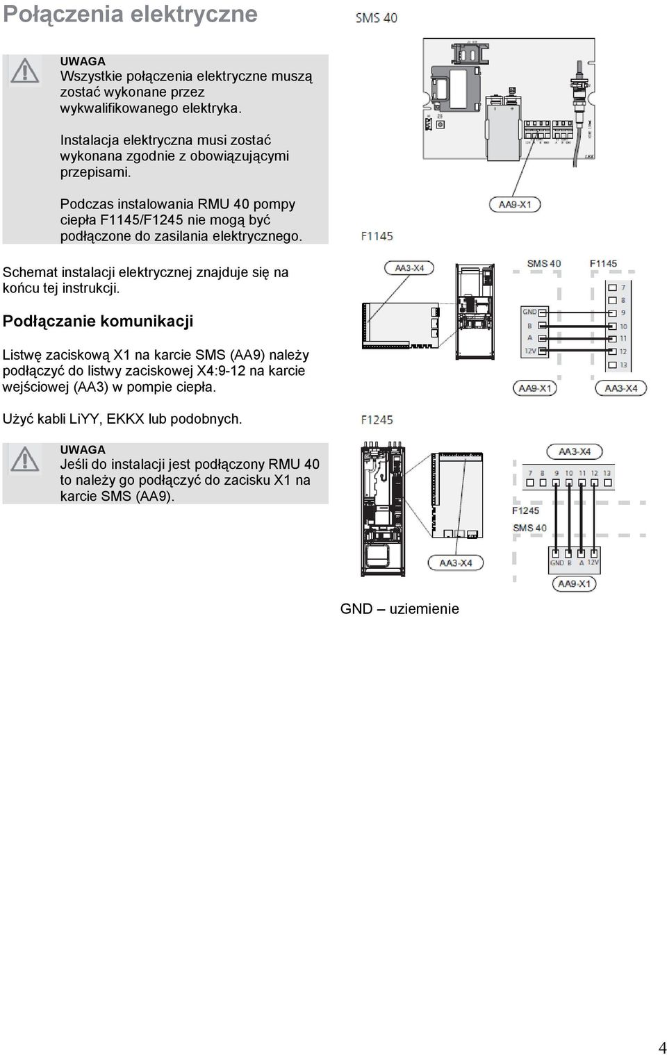 Podczas instalowania RMU 40 pompy ciepła F1145/F1245 nie mogą być podłączone do zasilania elektrycznego.