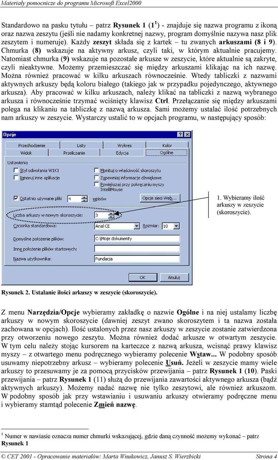 Natomiast chmurka (9) wskazuje na pozostałe arkusze w zeszycie, które aktualnie są zakryte, czyli nieaktywne. Możemy przemieszczać się między arkuszami klikając na ich nazwę.