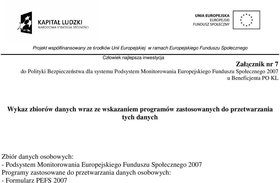 zastosowanych do przetwarzania tych danych Zbiór danych osobowych: - Podsystem Monitorowania