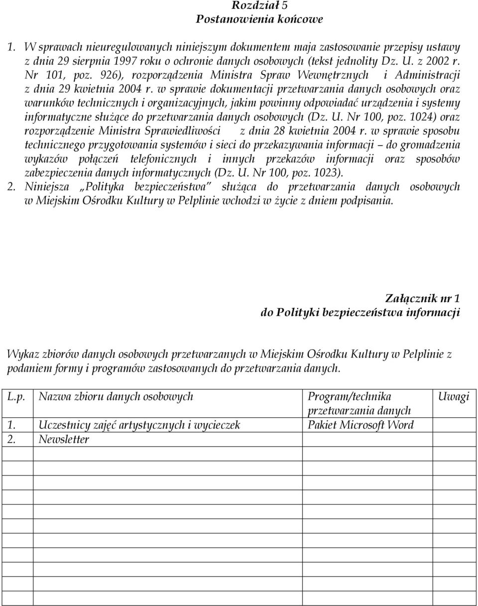 w sprawie dokumentacji przetwarzania danych osobowych oraz warunków technicznych i organizacyjnych, jakim powinny odpowiadać urządzenia i systemy informatyczne służące do przetwarzania danych