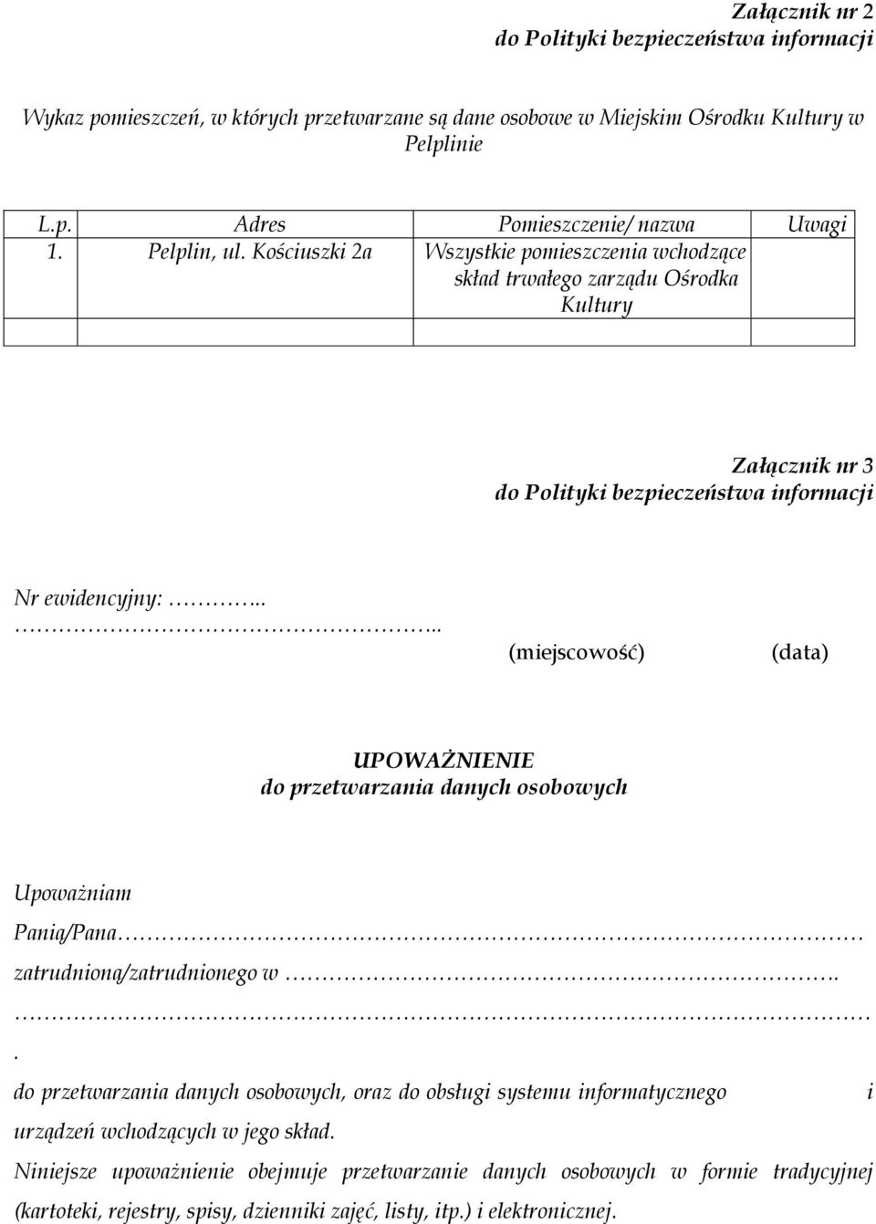 ... (miejscowość) (data) UPOWAŻNIENIE do przetwarzania danych osobowych Upoważniam Panią/Pana zatrudnioną/zatrudnionego w.