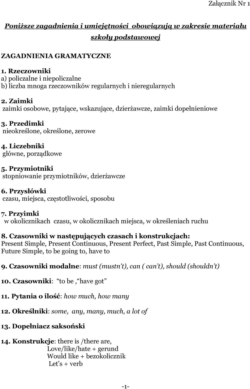 Przedimki nieokreślone, określone, zerowe 4. Liczebniki główne, porządkowe 5. Przymiotniki stopniowanie przymiotników, dzierżawcze 6. Przysłówki czasu, miejsca, częstotliwości, sposobu 7.