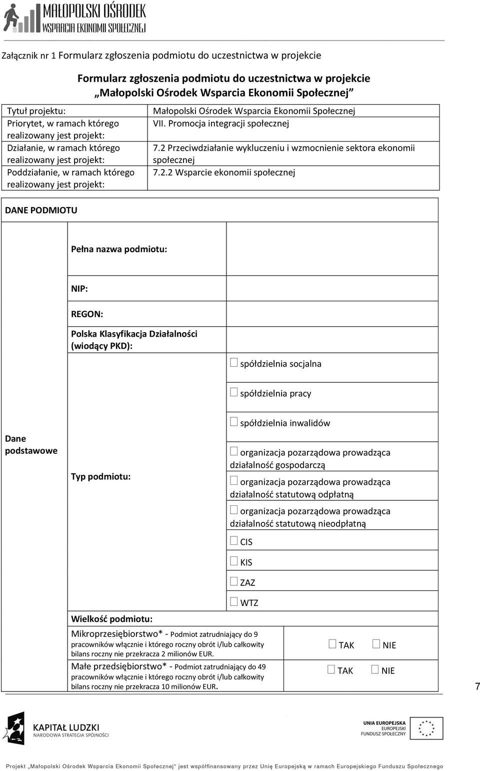 Wsparcia Ekonomii Społecznej VII. Promocja integracji społecznej 7.2 