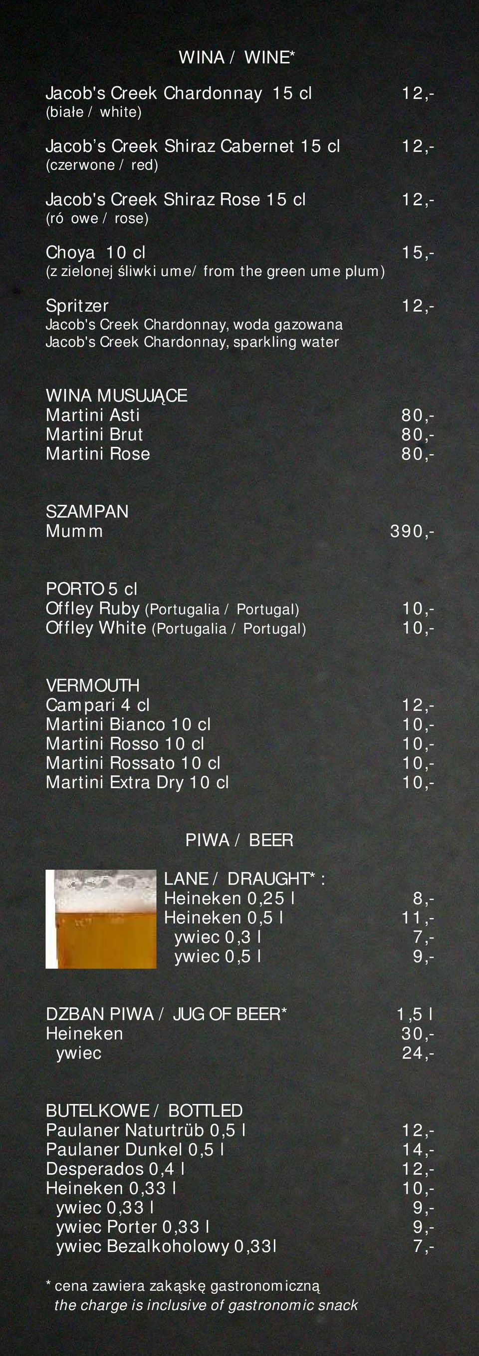 Rose 80,- SZAMPAN Mumm 390,- PORTO 5 cl Offley Ruby (Portugalia / Portugal) 10,- Offley White (Portugalia / Portugal) 10,- VERMOUTH Campari 12,- Martini Bianco 10 cl 10,- Martini Rosso 10 cl 10,-