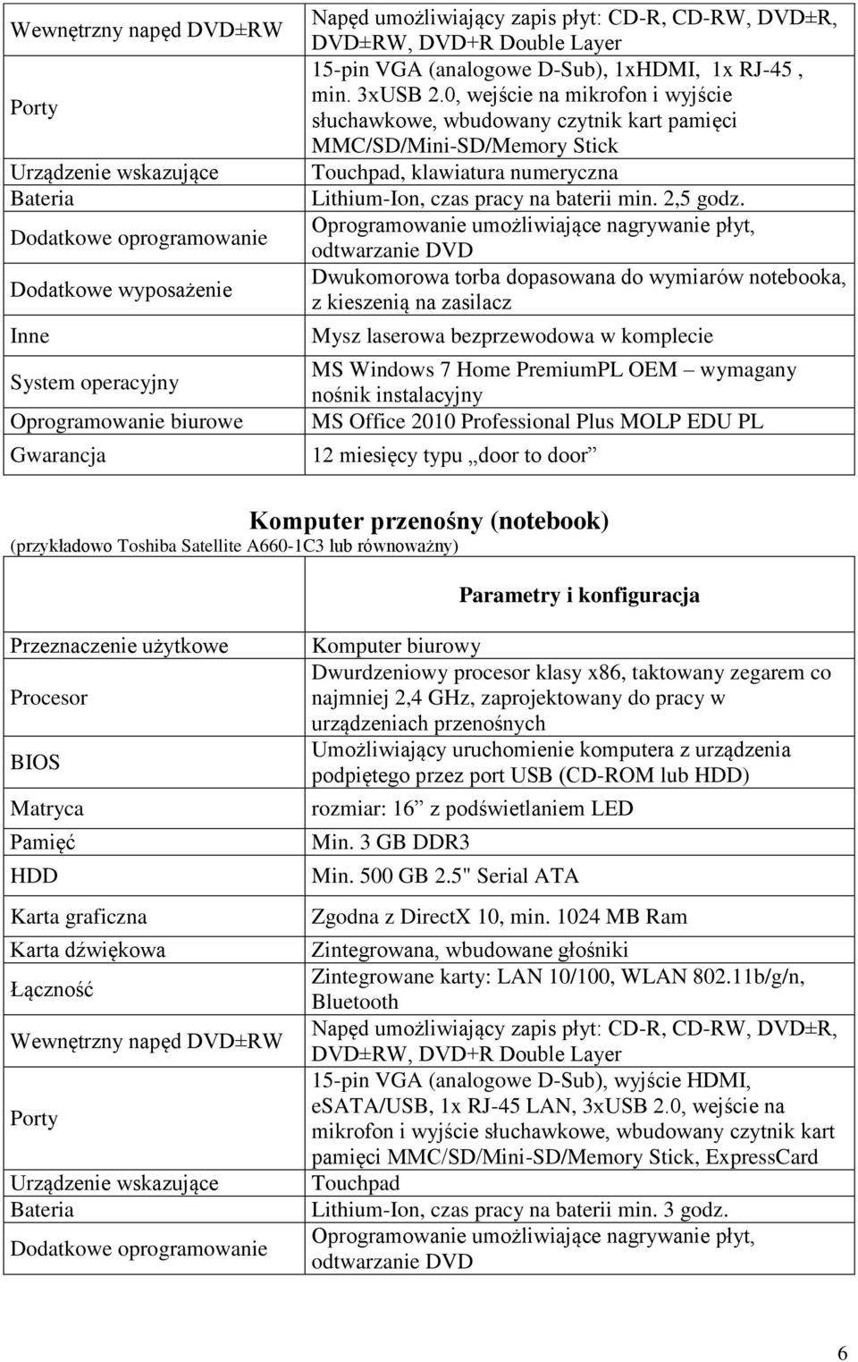 0, wejście na mikrofon i wyjście słuchawkowe, wbudowany czytnik kart pamięci MMC/SD/Mini-SD/Memory Stick Touchpad, klawiatura numeryczna Lithium-Ion, czas pracy na baterii min. 2,5 godz.