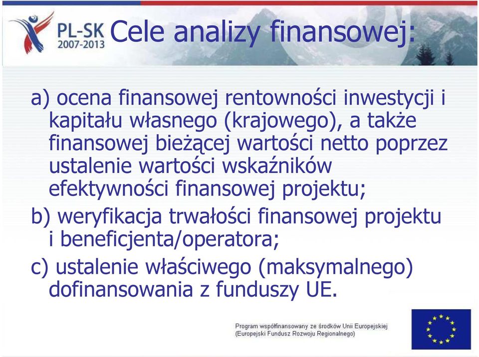 wskaźników efektywności finansowej projektu; b) weryfikacja trwałości finansowej